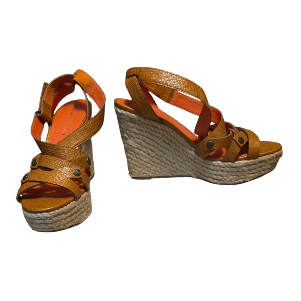 Size 9.5 Via Spiga Saffiano Leather Wedge Heels Deep Orange-Brown W/Gold Accents